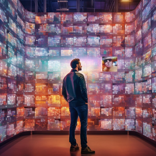 There is a man standing in front of a wall of televisions generative ai