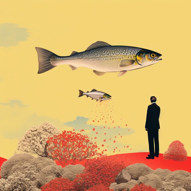 There is a man standing on a hill looking at a fish generative ai