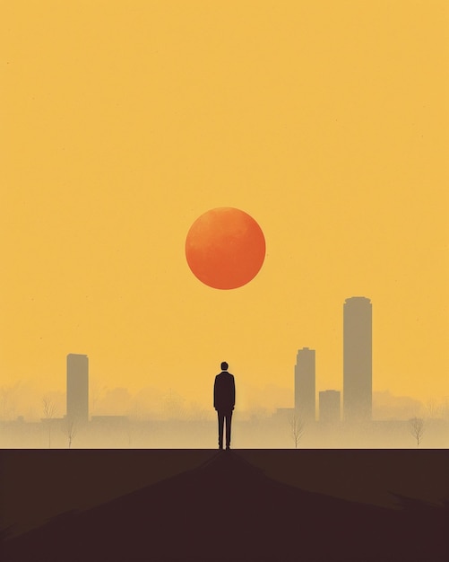 한 남자가 언덕 위에 서서 태양을 바라보고 있다.