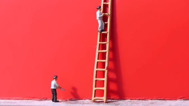 there is a man standing on a ladder next to a red wall generative ai