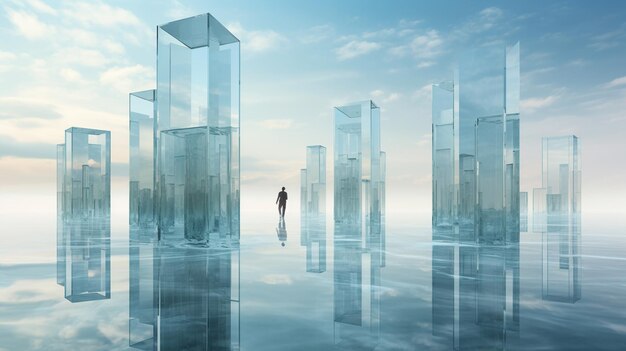 There is a man standing in a large glass structure in the water generative ai