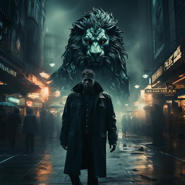 There is a man standing in the middle of a street with a lion head on it generative ai