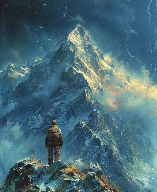 there is a man standing on a mountain looking at the sky generative ai