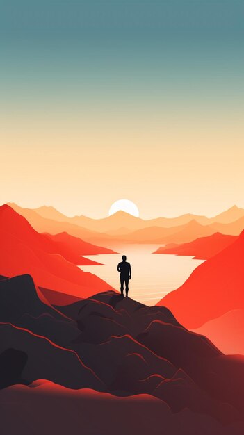 There is a man standing on a mountain looking at the sunset generative ai