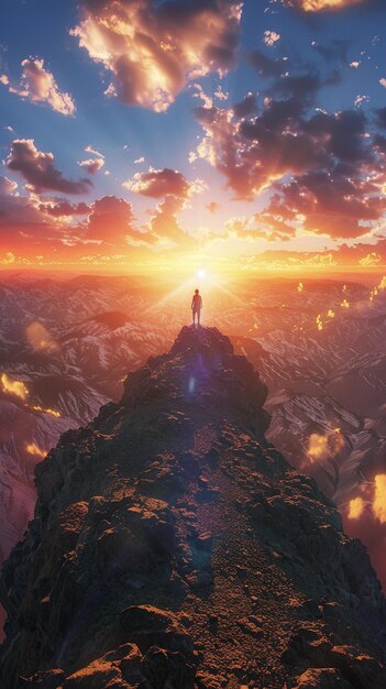 there is a man standing on a mountain top looking at the sunset generative ai