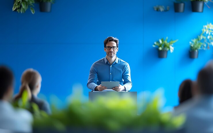 there is a man standing at a podium in front of a group of people