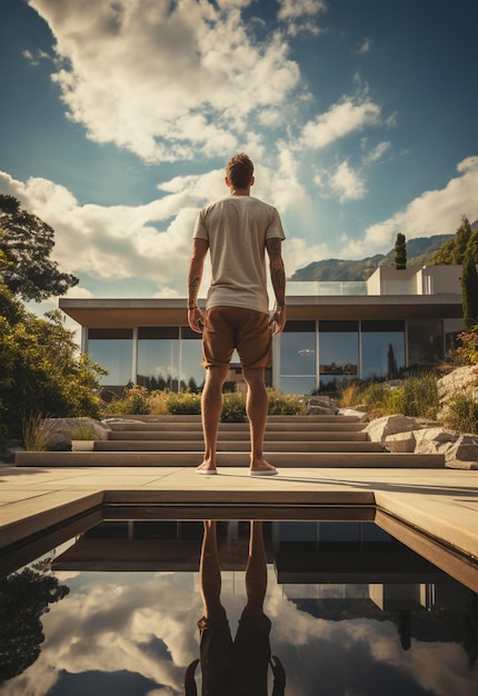 there is a man standing on a pool with a reflection of himself generative ai