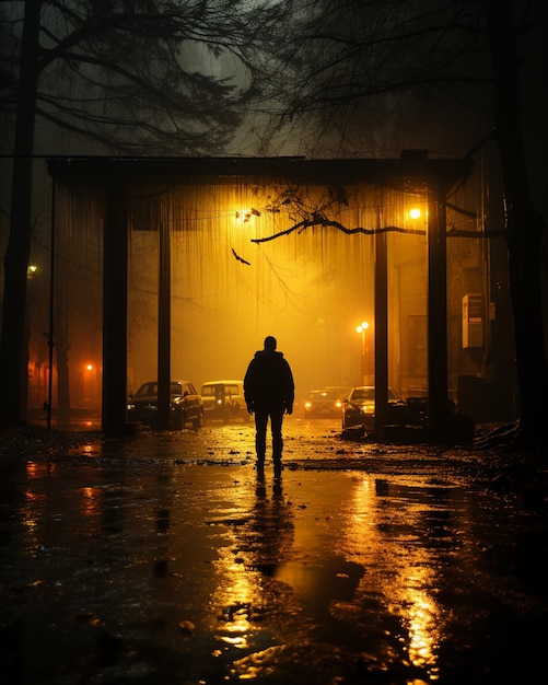 Foto c'è un uomo in piedi sotto la pioggia di notte in strada generativa ai