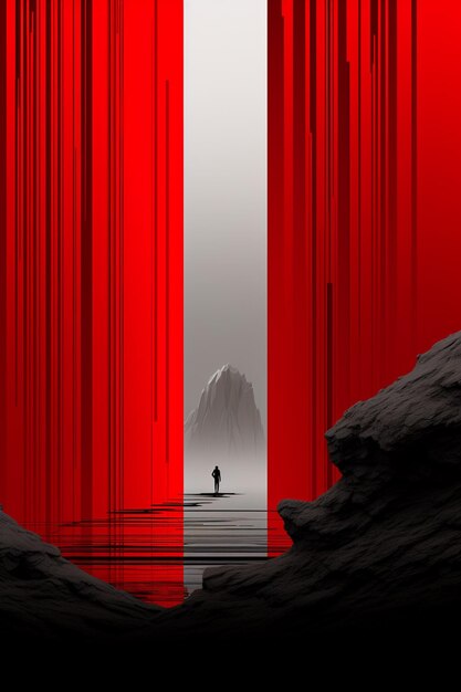 There is a man standing in a red cave with a mountain in the background generative ai