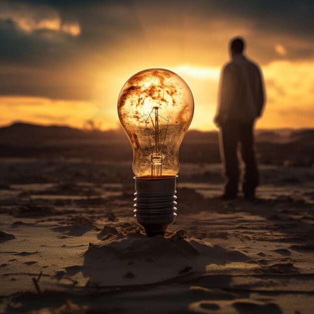 Foto c'è un uomo in piedi nella sabbia con una lampadina generativa ai