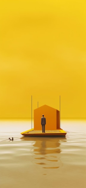 There is a man standing on a small yellow boat in the water generative ai