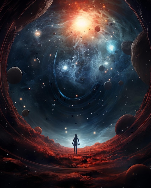 There is a man standing in a space with planets and stars generative ai