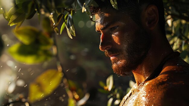 Foto c'è un uomo in piedi sotto un albero con l'acqua sulla faccia generativa ai