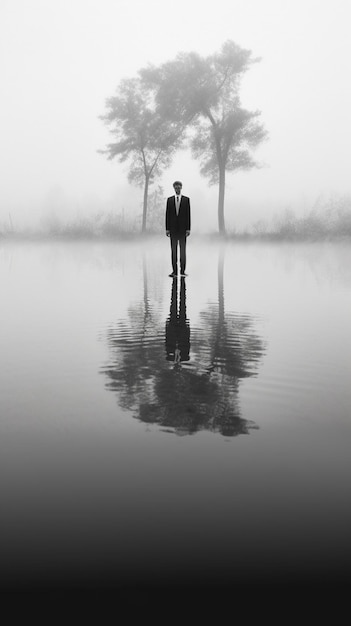 Photo there is a man standing in the water with an umbrella generative ai