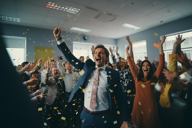 there is a man in a suit and tie standing in front of a crowd of people Generative AI