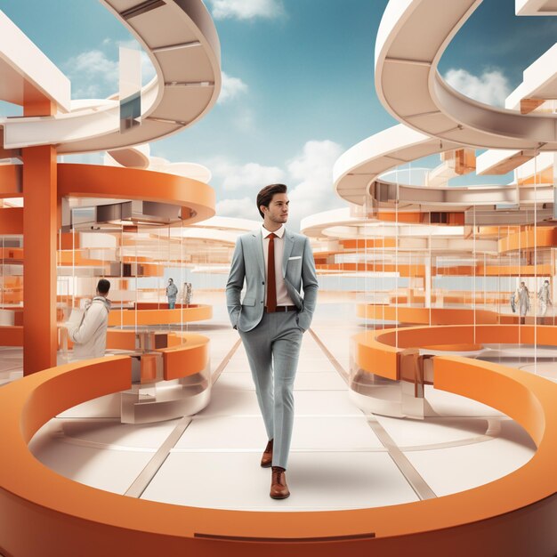 there is a man in a suit walking through a futuristic building generative ai