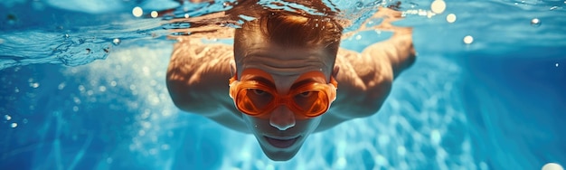 Photo there is a man swimming in a pool with goggles on