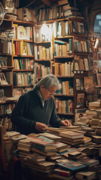 There is a man that is looking at a book in a library
