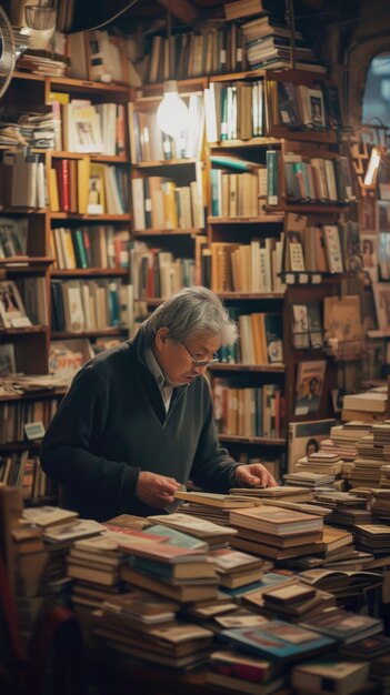 Есть человек, который смотрит на книгу в библиотеке.