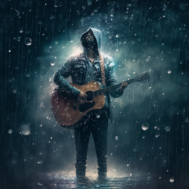 Есть мужчина, который играет на гитаре под дождем.