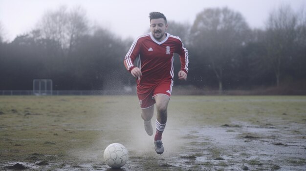 Photo there is a man that is running after a soccer ball generative ai