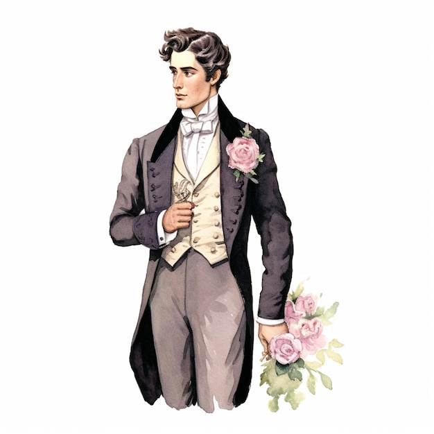 there is a man in a tuxedo and a bouquet of flowers generative ai