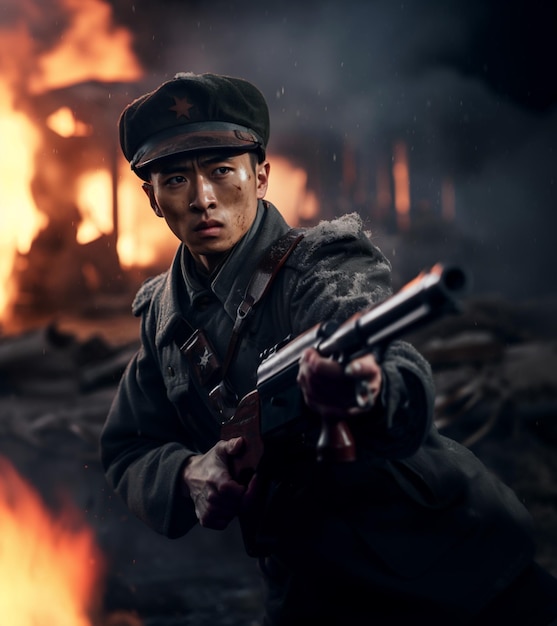 there is a man in uniform holding a gun in front of a fire generative ai