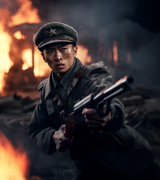 there is a man in uniform holding a gun in front of a fire generative ai