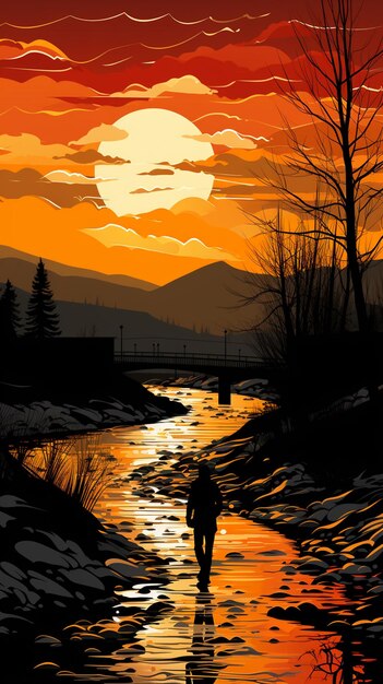 There is a man walking along a river at sunset generative ai