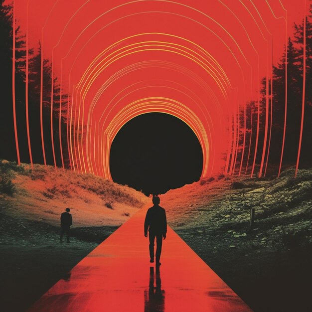 Foto c'è un uomo che cammina lungo un sentiero rosso con un'ai generativa dal cielo rosso