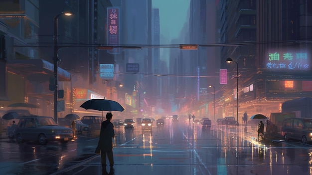 There is a man walking down the street with an umbrella generative ai
