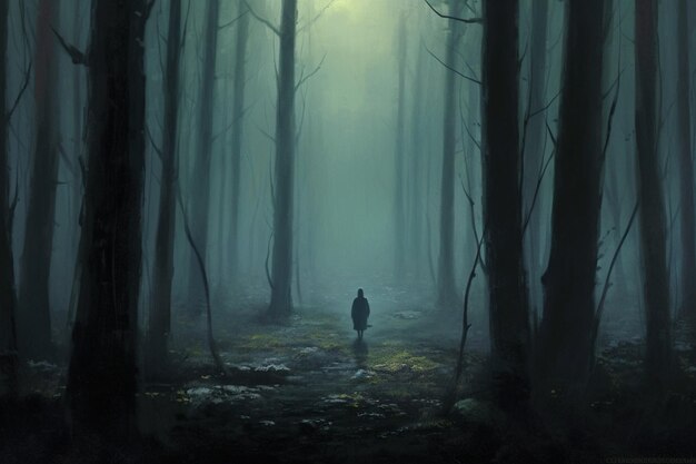 there is a man walking through a dark forest with a light shining through the trees generative ai