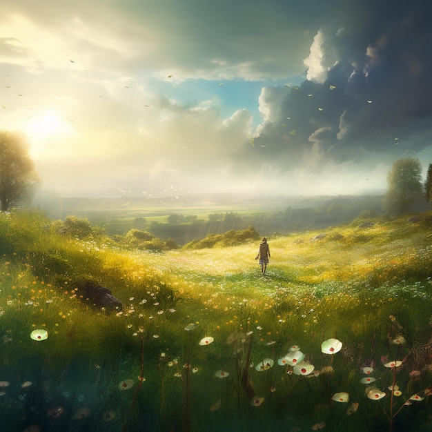 There is a man walking through a field of flowers with a sky background generative ai