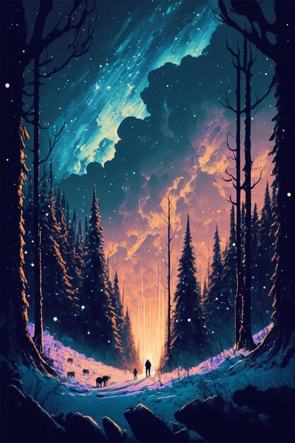 밤에 눈 인 숲을 고 있는 한 남자가 있다.