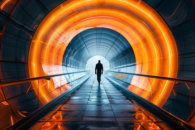 Foto c'è un uomo che cammina attraverso un tunnel con un generatore di luce al neon ai