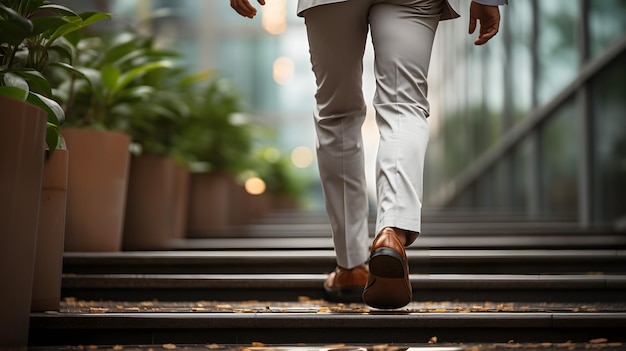 There is a man walking up the stairs in a suit generative ai