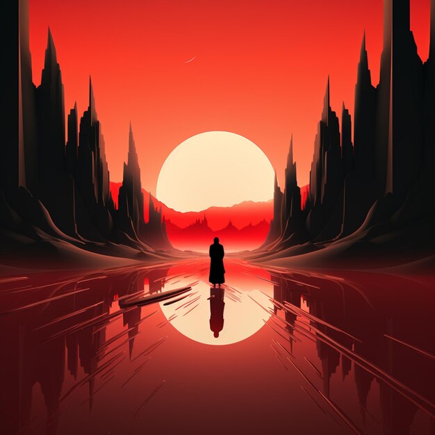 There is a man walking in the water at sunset with a red sky generative ai