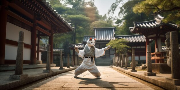 Photo there is a man in a white outfit doing a karate pose generative ai