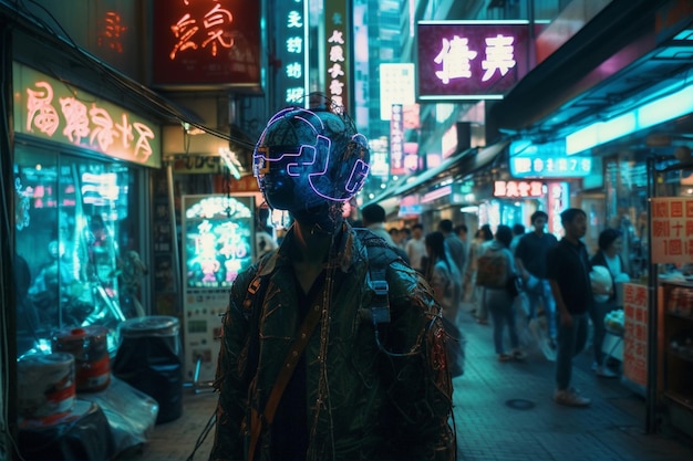 there is a man with a neon mask on walking down a street generative ai