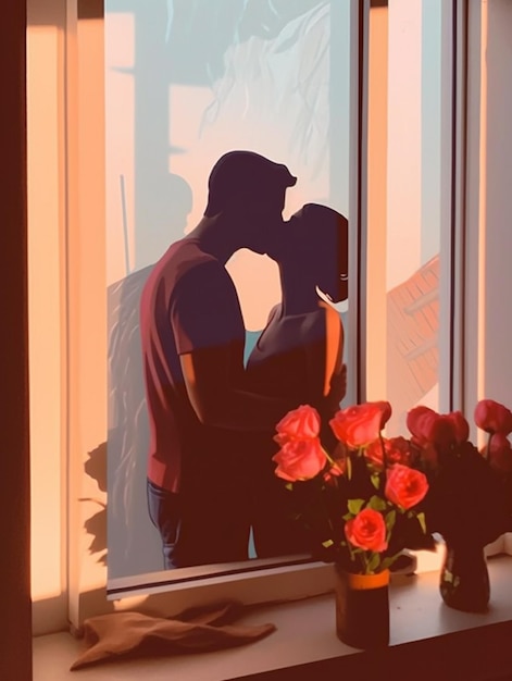 There is a man and woman kissing in front of a window generative ai