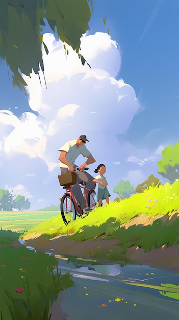 There is a man and a woman riding a bike on a path generative ai