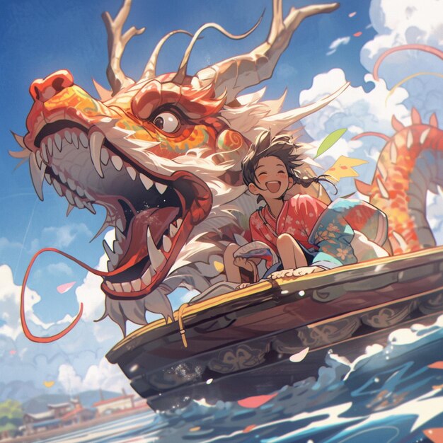 There is a man and a woman riding a boat with a dragon on it generative ai