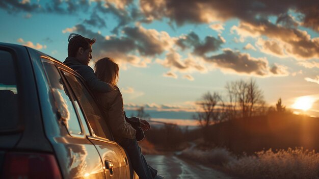 Photo there is a man and a woman sitting on the back of a car generative ai