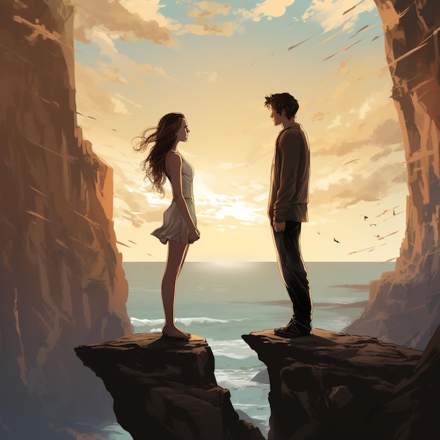 there is a man and a woman standing on a cliff looking out at the ocean generative ai