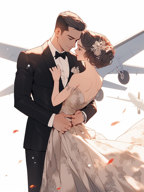 there is a man and woman in a wedding dress hugging in front of an airplane generative ai