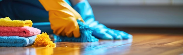 Photo there is a man in yellow uniform cleaning a floor with a yellow bucket