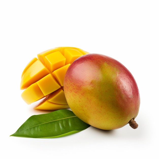 there is a mango and a mango with a leaf on a white background generative ai