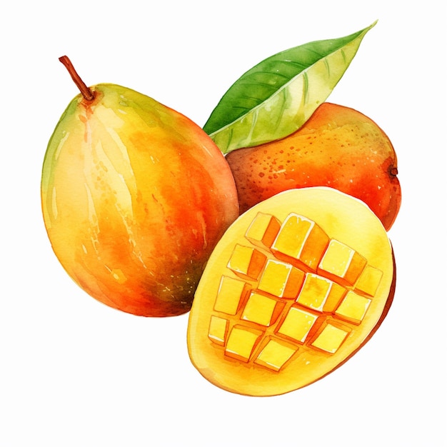 There is a mango and a mango with a slice cut in half generative ai