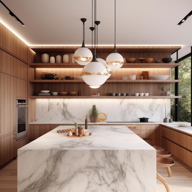 there is a marble counter top in a kitchen with wooden cabinets generative ai