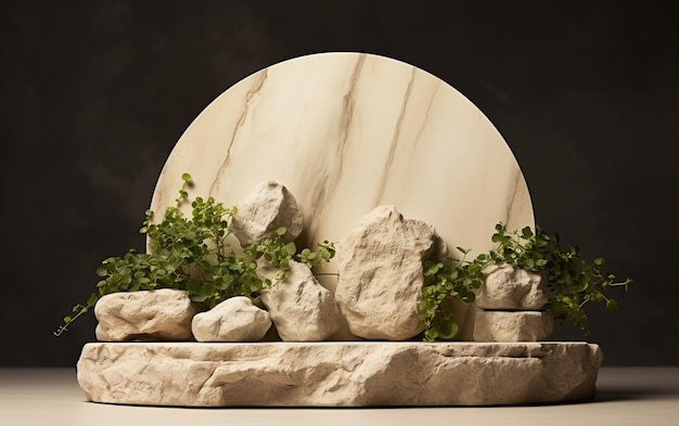 Photo there is a marble sculpture with plants growing out of it generative ai